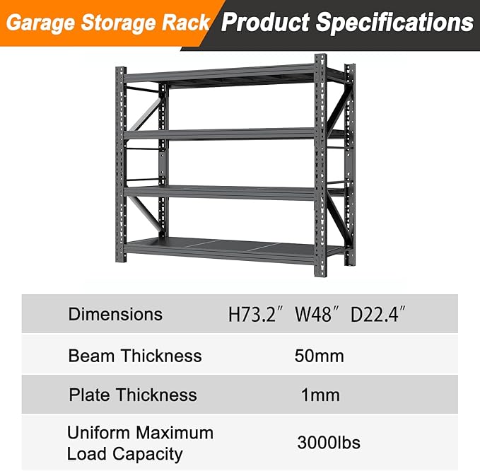 Garage Storage Shelves,73" H*48" W*22.4" D Heavy Duty 4-Tier Metal Shelving Unit with Adjustable Shelves Industrial Garage Shelving for Garage Organization & Warehouse Storage
