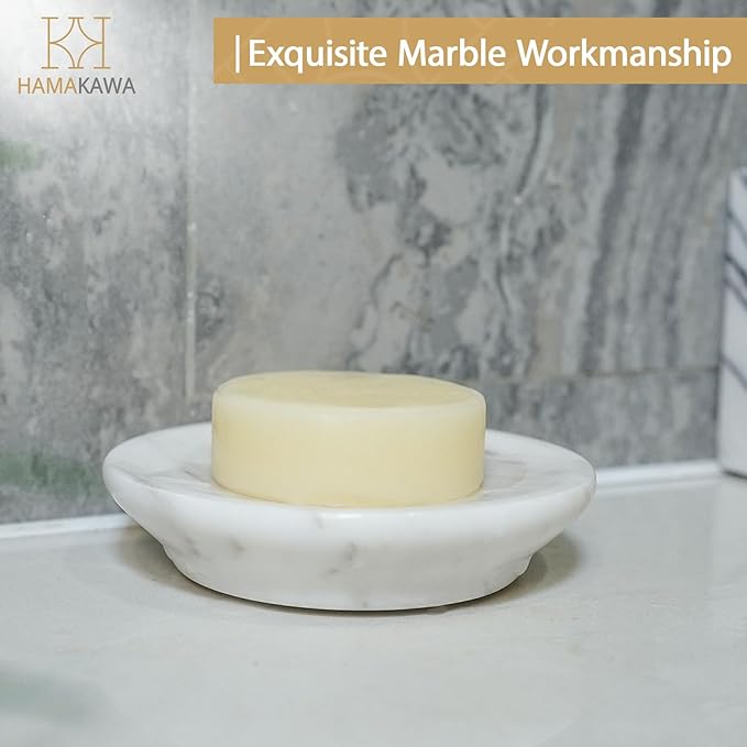 Natural Marble Soap Dish, Round White Jewelry Dish 4.5 Inch, Limestone Shower Soap Holder, Modern Stone Sponge Holder with Beveled Edge, Bar Soap Saver Tray for Bathroom, Kitchen