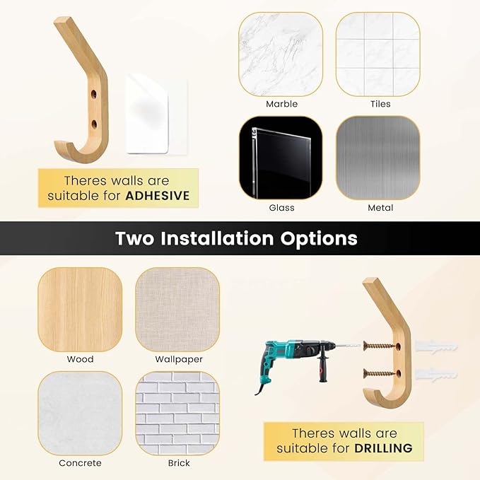 Daily Treasures 4 Pack Hats Storage Wall Mounted,Wooden Hat Rack Hook,Double Hook Design Wall Mounted for Coat,Adhesive/Wall Caps Holder Drilled for Door, Bedroom, Closet（Beech Wood）