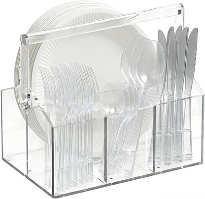 Chivalral Acrylic Utensil Holder & Paper Plate Holders -Clear Space-Saving Cutlery Caddy and Silverware Organizer for Kitchen, Table, Buffet, Party, Picnic, Camping Indoor Outdoor Use