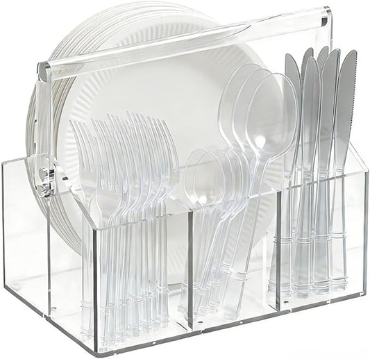 Chivalral Acrylic Utensil Holder & Paper Plate Holders -Clear Space-Saving Cutlery Caddy and Silverware Organizer for Kitchen, Table, Buffet, Party, Picnic, Camping Indoor Outdoor Use