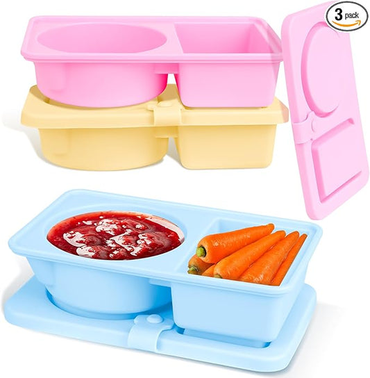 3 Pack Silicone Reusable Snack Containers with Lids, Double Compartment Snackle Box Containers, Salad Dressing Sauce Seasoning Container, Small Mini Food Snack Boxs for Travel, Office, Picnic