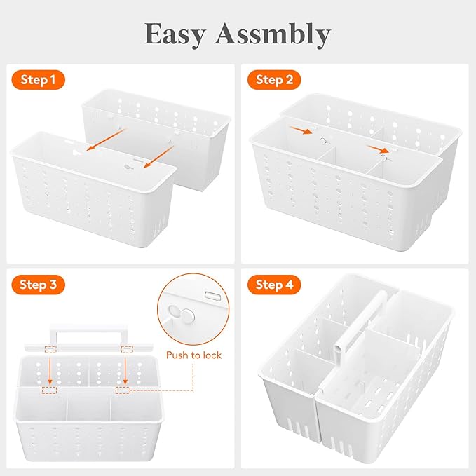 Lifewit Shower Caddy Portable, Cleaning Supplies Caddy Organizer with Handle and Adjustable Dividers, Plastic Shower Basket for Dorm Room Essentials, College, Bathroom, White, 2 Packs