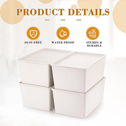 Menkxi 4 Pcs Storage Bins with Lids Plastic Stackable Containers for Organizing Shelves Christmas Ornament Box Baskets(Beige,Large)