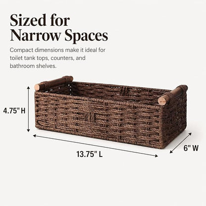 Brown Woven Bathroom Basket with Wood Handles — Toilet Paper Storage Organizer, Back of Toilet Wicker Basket, Dark Brown Boho Bathroom Decor Tray for Tank Top or Shelf