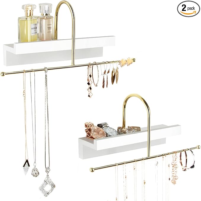 J JACKCUBE DESIGN Gold and White Wall Mounted Hanging Jewelry Organizer Holder Set of 2 for Necklaces, Rings, Bracelets and Earrings with White Display Shelf- MK692A