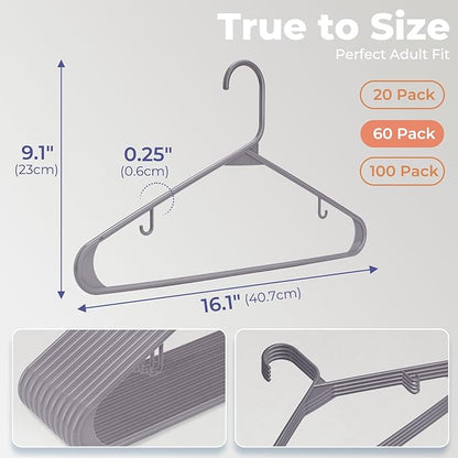 HOUSE DAY Grey Plastic Hangers 60 Pack, Non-Slip Plastic Hanger with Dual Hooks - Slim Space Saving 1/4" Thin Closet Organizers for Coats, Shirts, Pants & Dresses - Lightweight Garment Friendly