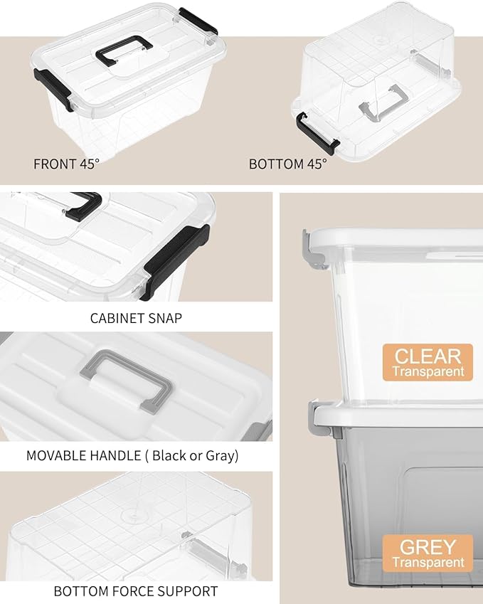 AREYZIN Plastic Storage Bins With Lids,6 Pack Storage Organizer Bins,7 Quart Stackable Storage Basket with Lid and Gray Handle Buckle Easy for Home Office Organization,with Clear Lids