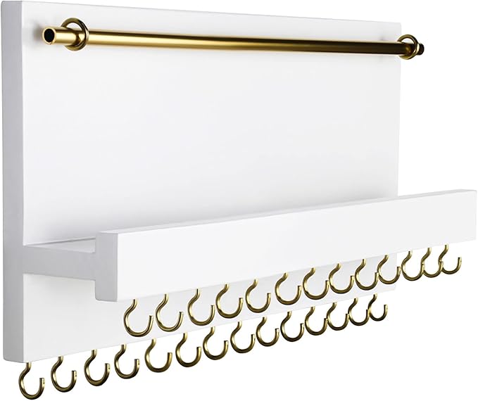 SANY DAYO HOME 27 Hooks Wall Mounted Necklace Holder 14 x 6 inch Hanging Rustic Wooden Jewelry Organizer with Removable Bracelet Rod and Shelf for Kids, Girls, Women - Ivory White
