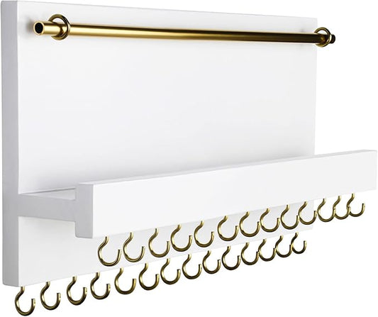 SANY DAYO HOME 27 Hooks Wall Mounted Necklace Holder 14 x 6 inch Hanging Rustic Wooden Jewelry Organizer with Removable Bracelet Rod and Shelf for Kids, Girls, Women - Ivory White