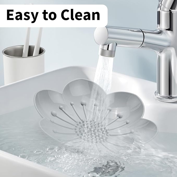 Soap Dishes 2 Pack Self Draining XL Flexible Bar Holder for Shower Steamer, Silicone Flower Soap Saver Tray for Counter Bathtub Sink Bathroom Decor with Drainage -Mirror Surface Easy Clean, Grey/Blue