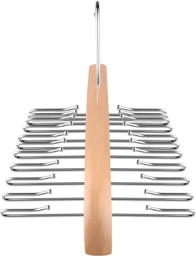 Wooden Tie Hanger,24 Tie Organizer Rack Hanger Holder Hook (Beige, 24 Hooks)