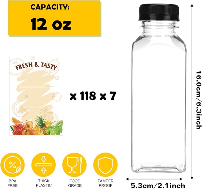 BAKHUK 826pcs 12oz Empty Plastic Juice Bottles with Caps, Plastic Water Bottles with lids, Reusable Clear Bulk Beverage Containers for Juice, Milk and Other Beverages