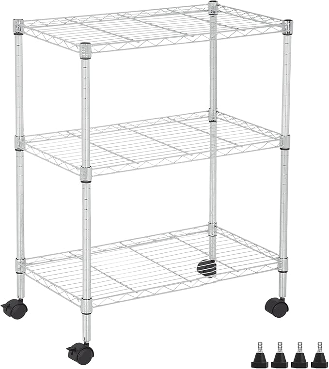 Wire Shelving 32" H x 23W x 13D Storage Shelf with Wheels Adjustable 3 Tier Metal Shelves Unit for Small Places Kitchen Storage Rack Shelf Organizer, 450Lbs Capacity, Chrome