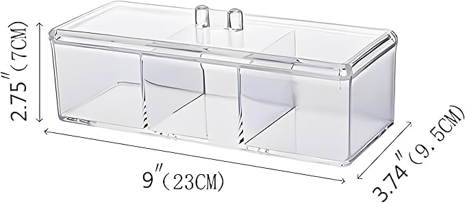Sooyee Qtip Holder Rectangle Cotton Ball and Swab Holder Organizer with Lid, Dustproof,Waterproof,Clear Acrylic 3 Compartment Cotton Pad Container for Cotton Swabs, Make Up Pads, Cosmetics