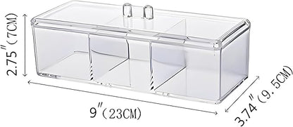 Sooyee Qtip Holder Rectangle Cotton Ball and Swab Holder Organizer with Lid, Dustproof,Waterproof,Clear Acrylic 3 Compartment Cotton Pad Container for Cotton Swabs, Make Up Pads, Cosmetics