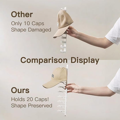Hat Organizer for Wall, 2 Pack Adhesive Hat Rack for Baseball Caps, No Drilling or Wall Mount Cap Holder with Hooks, Over the Door Hat Storage Organizer for 20 Caps, Closet Storage White