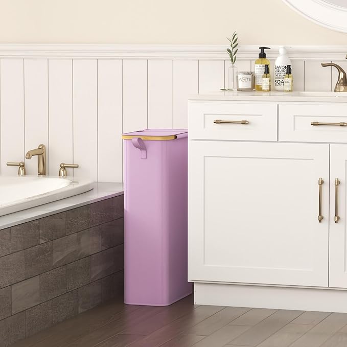 Lifewit 65L Slim Laundry Hamper with Lid, Narrow Laundry Basket with Removable Bag & Bamboo Handles, Fodable Thin Dirty Clothes Hamper for Laundry Collapsible Bin for Bathroom Bedroom Dorm, Purple