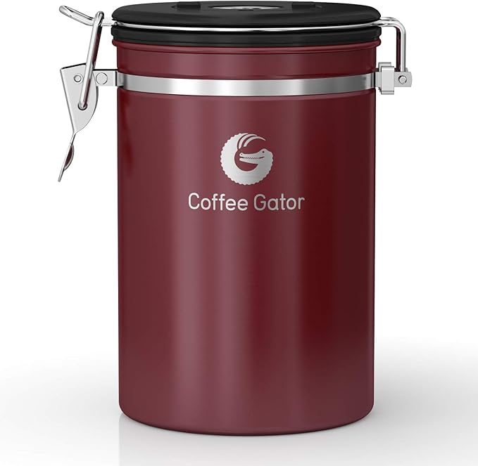 Coffee Gator Coffee Canister, Airtight Stainless Steel Kitchen Food Storage Container with Date Tracker, Scoop for Sugar, Grounds Coffee, Beans,Tea, Sugar, Cereal, Flour, Cookies Jars (Red, 22oz)