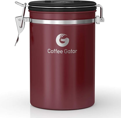 Coffee Gator Coffee Canister, Airtight Stainless Steel Kitchen Food Storage Container with Date Tracker, Scoop for Sugar, Grounds Coffee, Beans,Tea, Sugar, Cereal, Flour, Cookies Jars (Red, 22oz)