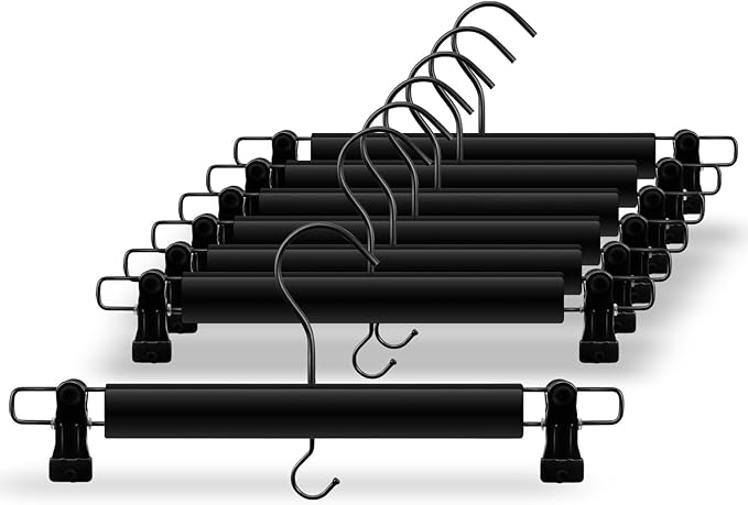 Black Wooden Hangers for Pants and Skirts - 10 Pack, Premium Quality Noise Reduction Coated Hook, Durable Two-Way Sure Grip Clips, Closet Organization, Non-Slip & Space Saving