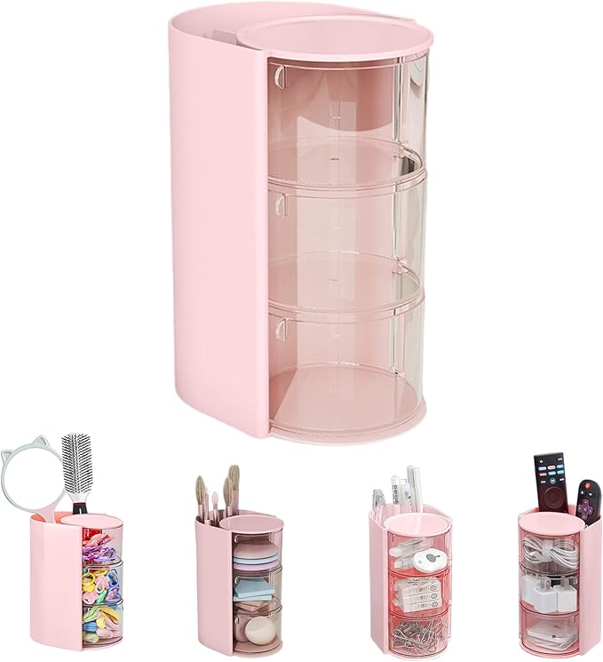 Hair Accessories Organizer,Rotating 3-Tier Pink Storage Tower,Multifunctional Rotatable Holder for Hair Accessories,Hair Clips,Bows,Scrunchies,Makeup Brush Holder,Pink Vanity Accessories