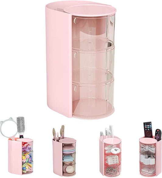 Hair Accessories Organizer,Rotating 3-Tier Pink Storage Tower,Multifunctional Rotatable Holder for Hair Accessories,Hair Clips,Bows,Scrunchies,Makeup Brush Holder,Pink Vanity Accessories