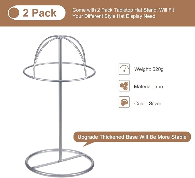 uxcell Metal Hat Display Stand 2 Pack Tabletop Hat and Wig Rack Holder Freestanding for Baseball Cap, Fedora Hat, Cowboy Hat - Silver, 12 Inch
