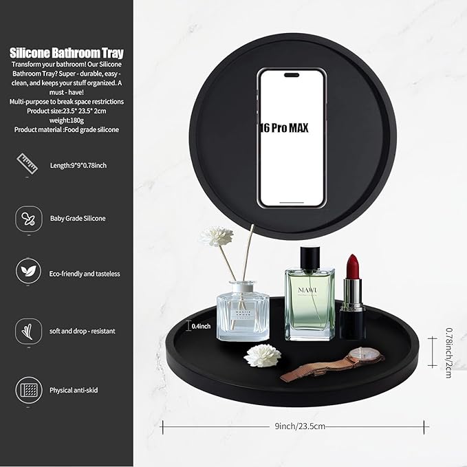 9 Inchs Round Silicone Bathroom Tray Vanity Tray Trinket Tray for Scrubber, Lotion Bottles, Perfume, Jewelry, Candle, Key Trinket Ring