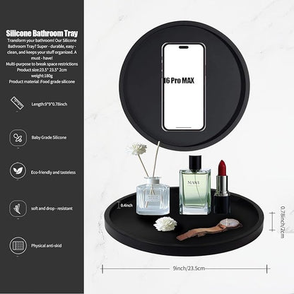 9 Inchs Round Silicone Bathroom Tray Vanity Tray Trinket Tray for Scrubber, Lotion Bottles, Perfume, Jewelry, Candle, Key Trinket Ring