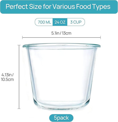 Vtopmart 5Pack 24oz Glass Storage Containers with Lids, Glass Meal Prep Food Container Sets with Snap Airtight Lids for Microwave, Oven, Freezer and Dishwasher, Green, Round