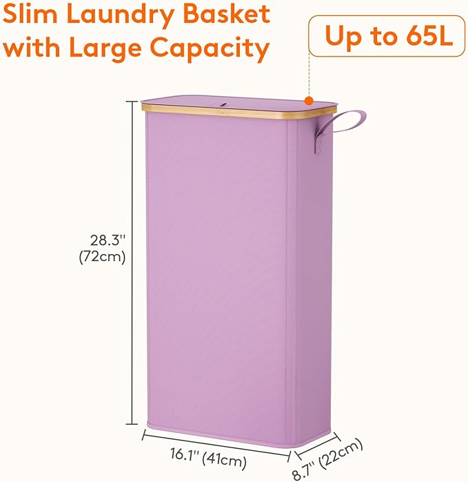Lifewit 65L Slim Laundry Hamper with Lid, Narrow Laundry Basket with Removable Bag & Bamboo Handles, Fodable Thin Dirty Clothes Hamper for Laundry Collapsible Bin for Bathroom Bedroom Dorm, Purple