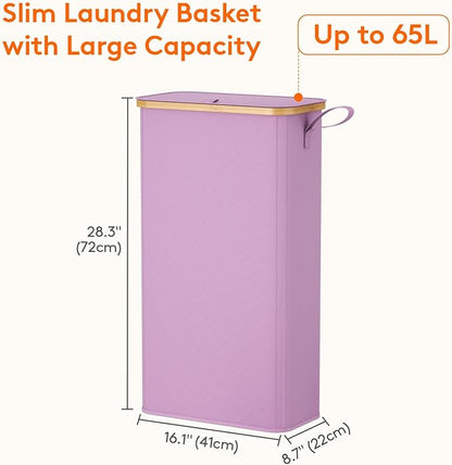 Lifewit 65L Slim Laundry Hamper with Lid, Narrow Laundry Basket with Removable Bag & Bamboo Handles, Fodable Thin Dirty Clothes Hamper for Laundry Collapsible Bin for Bathroom Bedroom Dorm, Purple