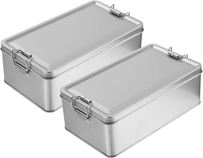 2 Pcs Metal Storage Box with Lid, 7.3 x 4.1 in Silver Rectangular Tinplate Box, Buckle Latch Box, Home Storage Container for Treats, Gifts, Small Items and Crafts