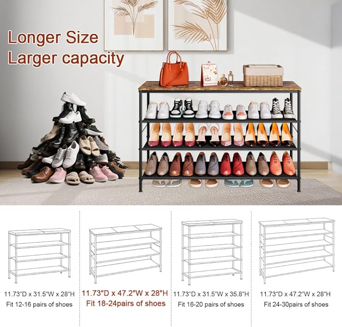 INGIORDAR Shoe Rack Organizer 5 Tier Metal Organizer Shelf with Industrial MDF Board and Layer Fabric for Entryway Closet Bedroom Living Room Garage (Black+Rustic Brown, 4 Tier(47.2" W))