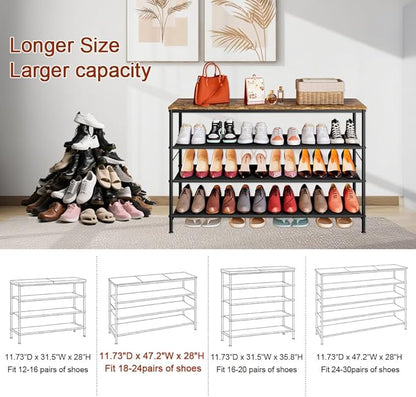 INGIORDAR Shoe Rack Organizer 5 Tier Metal Organizer Shelf with Industrial MDF Board and Layer Fabric for Entryway Closet Bedroom Living Room Garage (Black+Rustic Brown, 4 Tier(47.2" W))