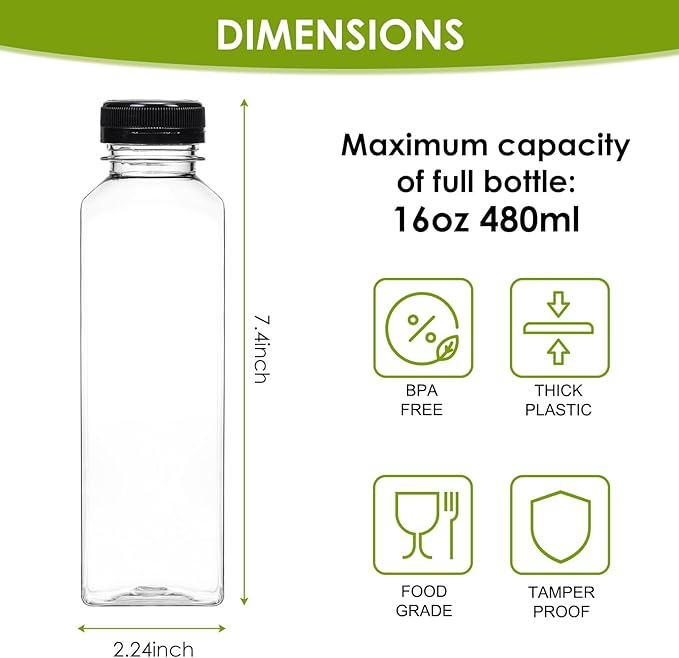 Moretoes 200pcs 16oz Plastic Juice Bottles with Caps, Clear Empty Reusable Water Bottles, Disposable Beverage Containers Bulk for Juicing Smoothies Turmeric Juice Milk and Other Beverages