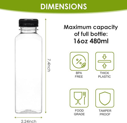 Moretoes 200pcs 16oz Plastic Juice Bottles with Caps, Clear Empty Reusable Water Bottles, Disposable Beverage Containers Bulk for Juicing Smoothies Turmeric Juice Milk and Other Beverages