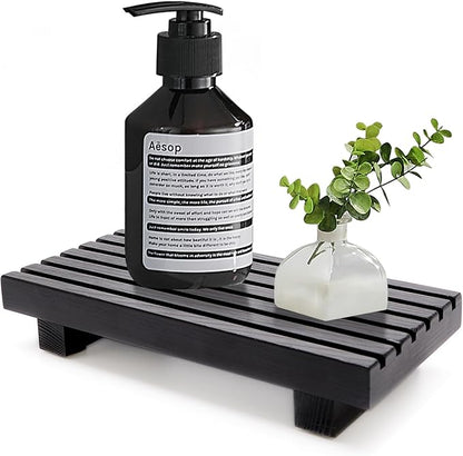 Renawe Small Black Bathroom Decor Tray for Counter Dish Soap Holder Wooden Pedestal Stand for Kitchen Sink Soap Dispenser Wood Risers Kitchen Accessories Countertop Vanity Counter Sponge Sink Tray