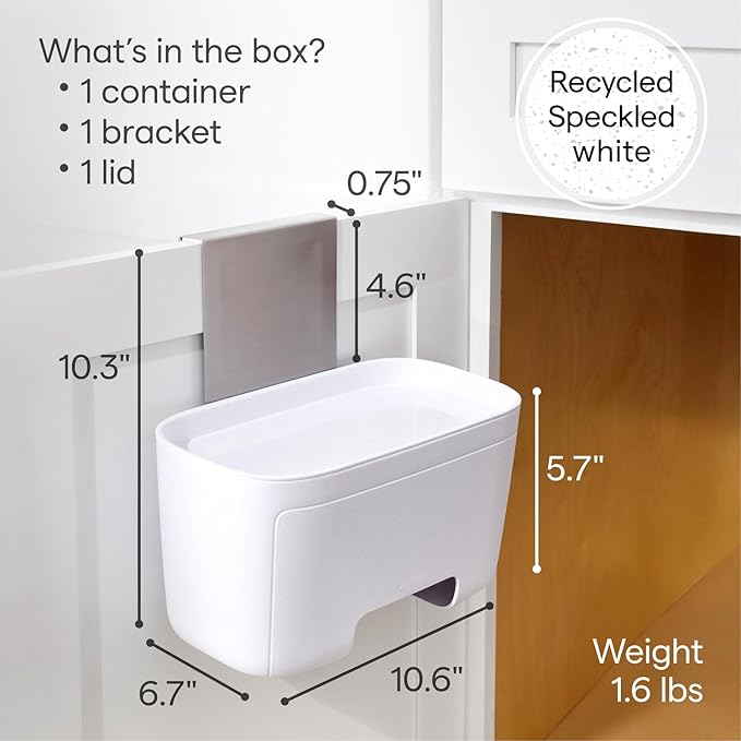 YouCopia DoorStash Garbage Bag Dispenser, Hanging Kitchen Cabinet Door Trash Bag Organizer with Removable Lid for Storage, Speckled White