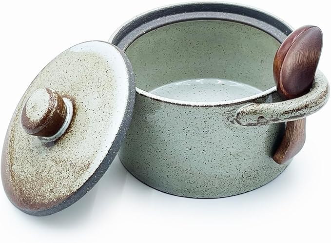 Ceramic Salt Cellar With Lid & Spoon,12oz Salt Container For Countertop,Sugar Bowl,Spice Jar(Coarse Pottery Color B)