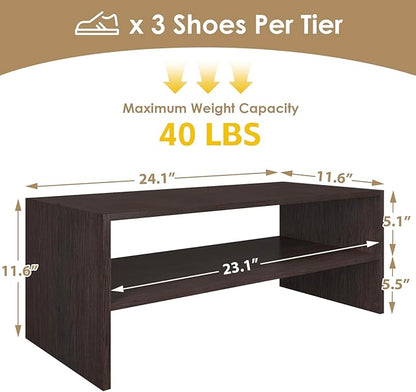 PrimeZone Shoe Rack for Closet - 2-Tier Stackable Shoe Shelf for 6-12 Pairs, Freestanding Wooden Shoe Organizer, Small Storage Shoe Stand for Entryway, Closet, Dorm, Office, Small Space, Espresso