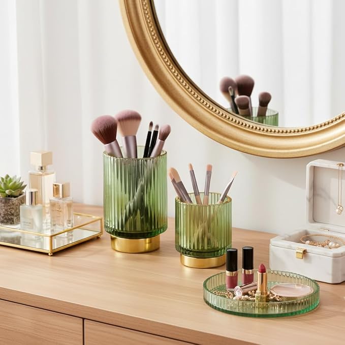 Green Makeup Brush Holder for Vanity, Glass Makeup Organizer Cup, Gold Toothbrush Holders, Pen Holder for Desktop, Vintage Brushes Storage Organizer for Paint Brush, Pen, Pencil, Eyeliner