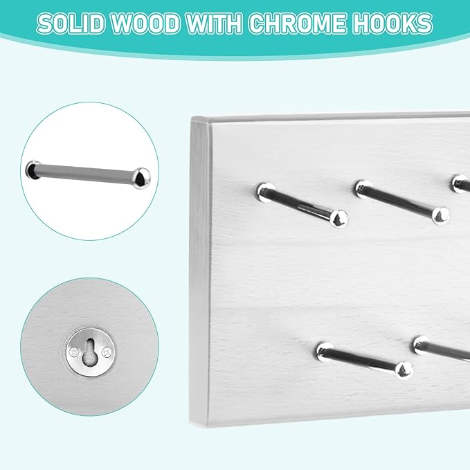 Tie Rack Wall Mounted, Wood Belt Hanger for Closet with 21 Chrome Hooks, Belt Storage Holder Organizer for Men Belts, Ties, Scarves, White