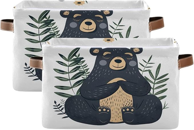 Large Storage Basket Black Bear Storage Bin Cube Canvas Fabric Organizer Handles Collapsible for Clothes Toys Bedroom Decorative