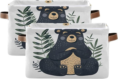 Large Storage Basket Black Bear Storage Bin Cube Canvas Fabric Organizer Handles Collapsible for Clothes Toys Bedroom Decorative