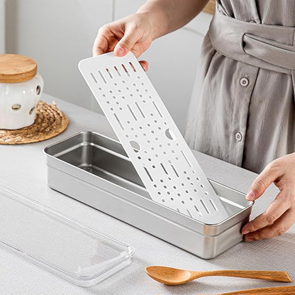 18/8 Stainless Steel Flatware Tray Kitchen Drawer Organizer with Lid and Drainer Stackable Utensil Holder for Countertop Large Capacity Silverware Tray Flatware Organizers