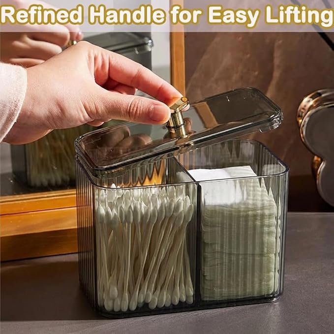 2 Pack 3-Section Clear Qtip Holder with Dustproof Lid, Bathroom Cotton Ball and Qtip Organizer, Cotton Swab Container for Vanity Canisters Jars for Countertop Storage and Organization (Clear-Green)