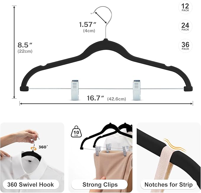 HOUSE DAY Velvet Skirt Hangers 24 Pack, Black Velvet Pant Hangers with Adjustable Clips, Space Saving Slim Shorts Hanger, Heavy Duty Non Slip Clip Hanger for Pants, Skirts, Shorts