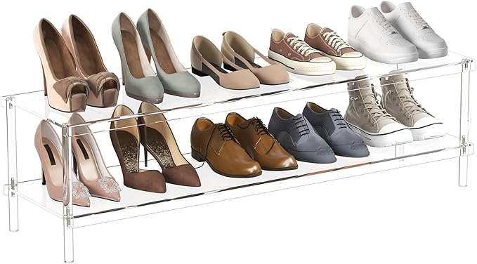 Aquiver Acrylic Long Shoe Rack - 2 Tier Shoe Organizer for Closet- Wide Shoe Shelf Clear Shoes Rack for Entryway, 42.7'' L x 11.8'' W x 12.2'' H, Easy Assembly & Clean
